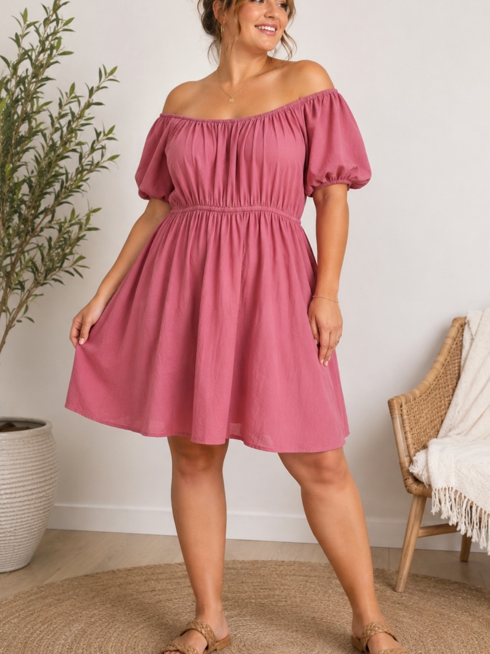 NWT Inspired Hearts Pink Off Shoulder Peasant Boho Mini Dress Puff Sleeve (2X)